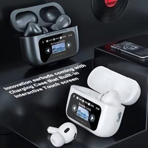 A9 Pro Black & White Airpods Anc With App | Screen Airpods | Anc & Twc Wireless Airpods | Bt 5.4 Version | Extended Battery Life